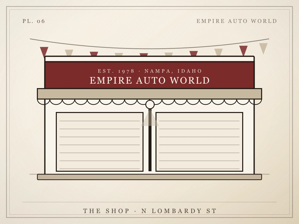 Illustration of the GLOBAL DRIVE MOTORS LLC showroom with its sign, awning and two roll-up doors